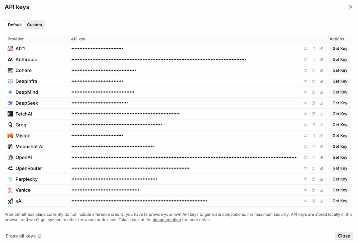 API key dialog (default providers)