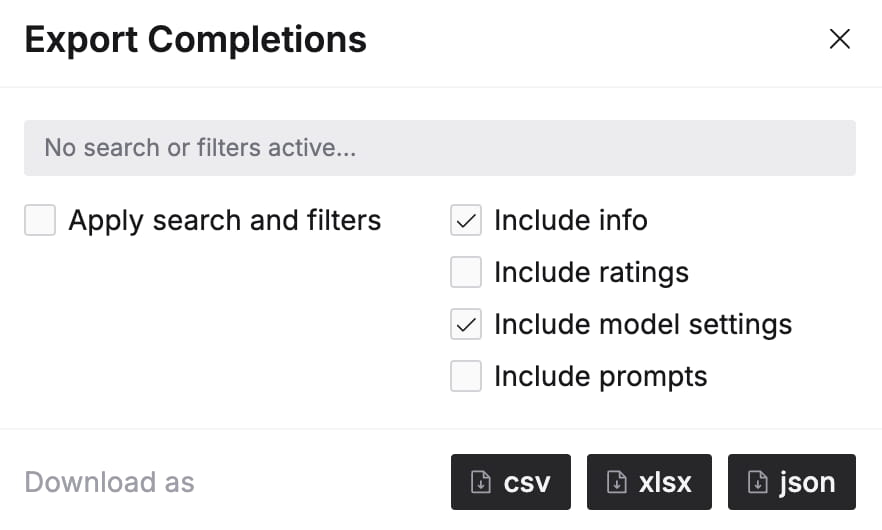 Completions export dialog