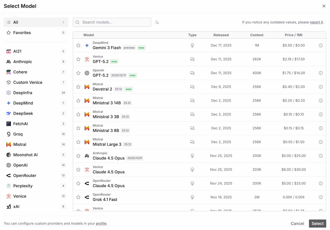 Model selection dialog