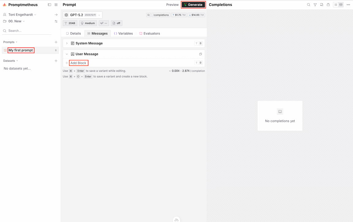 New project welcome screen
