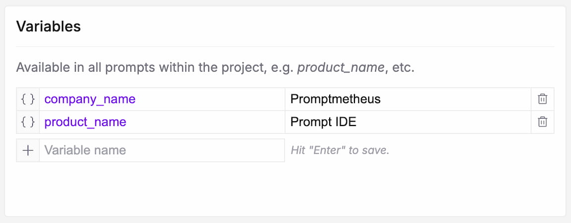 Project variables table