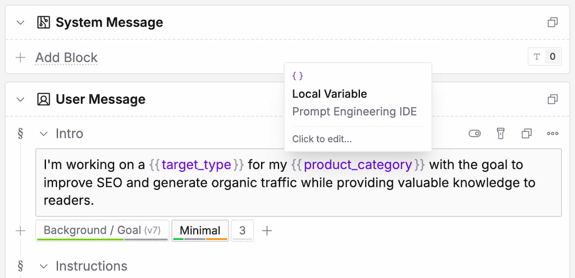 Example of variables usage in a text block